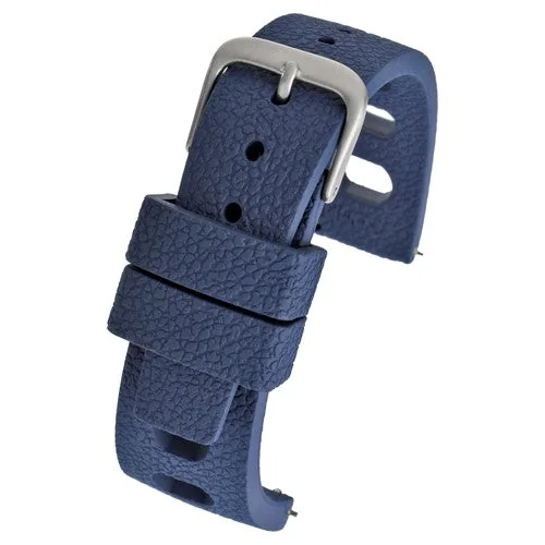 Official product photo of the 22mm blue textured rubber/resin quick-release watch strap with silver buckle.