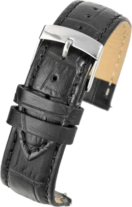 Official Chrono Straps UK product photo of the black alligator-grain leather quick-release watch strap with silver buckle, isolated from its original background.