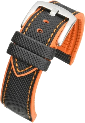 Official Chrono Straps UK product image of the black and orange 20 mm rubber/resin quick-release strap with silver buckle, isolated on transparency.