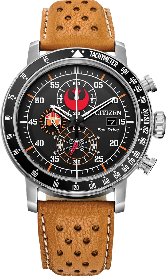 Official Citizen image of the Star Wars Rebel Pilot CA0761-06W with a black tachymeter dial and orange leather strap.