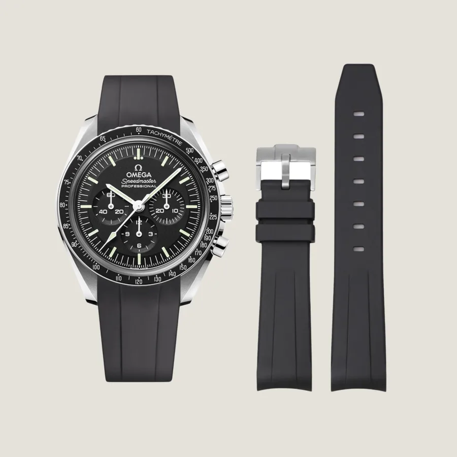Epoch reference photo showing the black rubber strap fitted to an Omega Speedmaster Professional beside the detached strap sections.