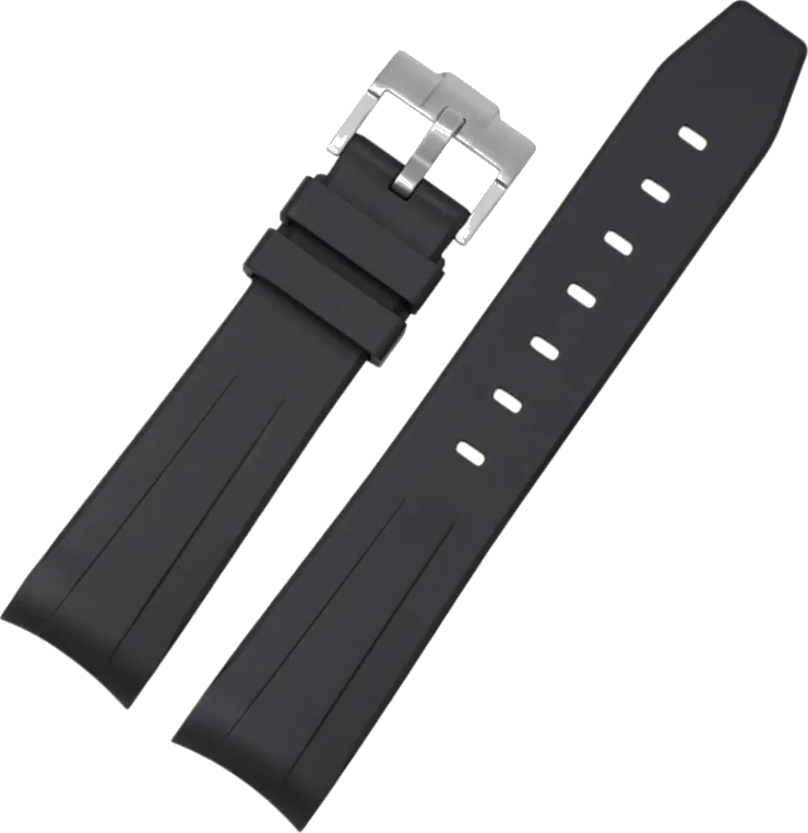 Official Epoch Straps photo of the black FKM rubber strap for Omega Speedmaster with a silver pin buckle, shown as two detached sections.