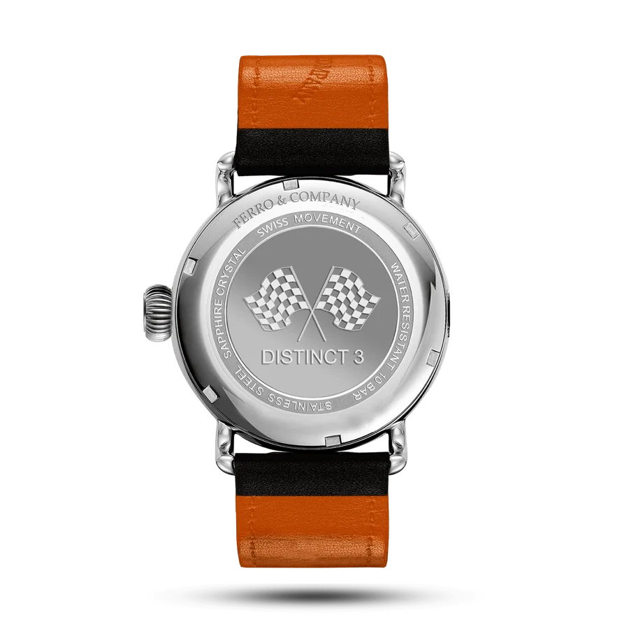 Official Ferro & Company photo of the Distinct 3 Avanti caseback with crossed racing flags.