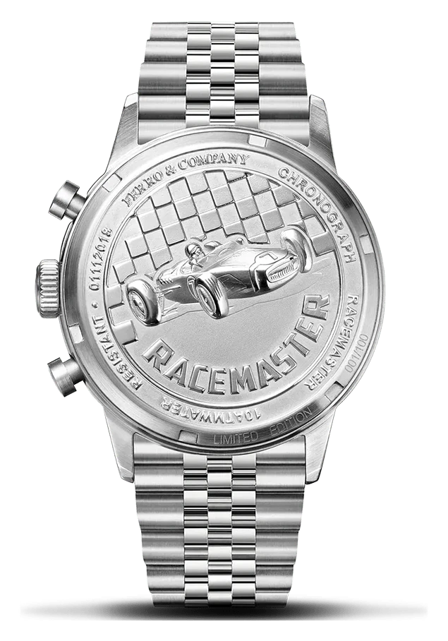 Official Ferro Race Master caseback photo reused in the Nitro product gallery, showing the sculpted race-car engraving and steel bracelet.
