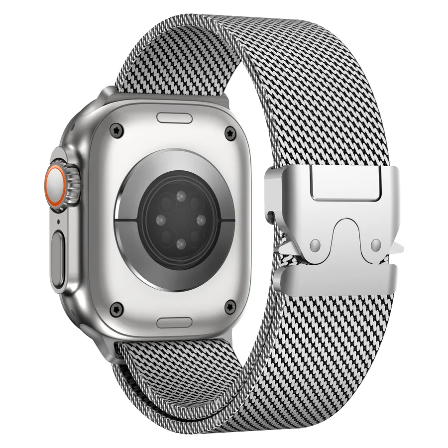 Official iModWatch photo of the silver stainless steel Milanese bracelet fitted to an Apple Watch Ultra.