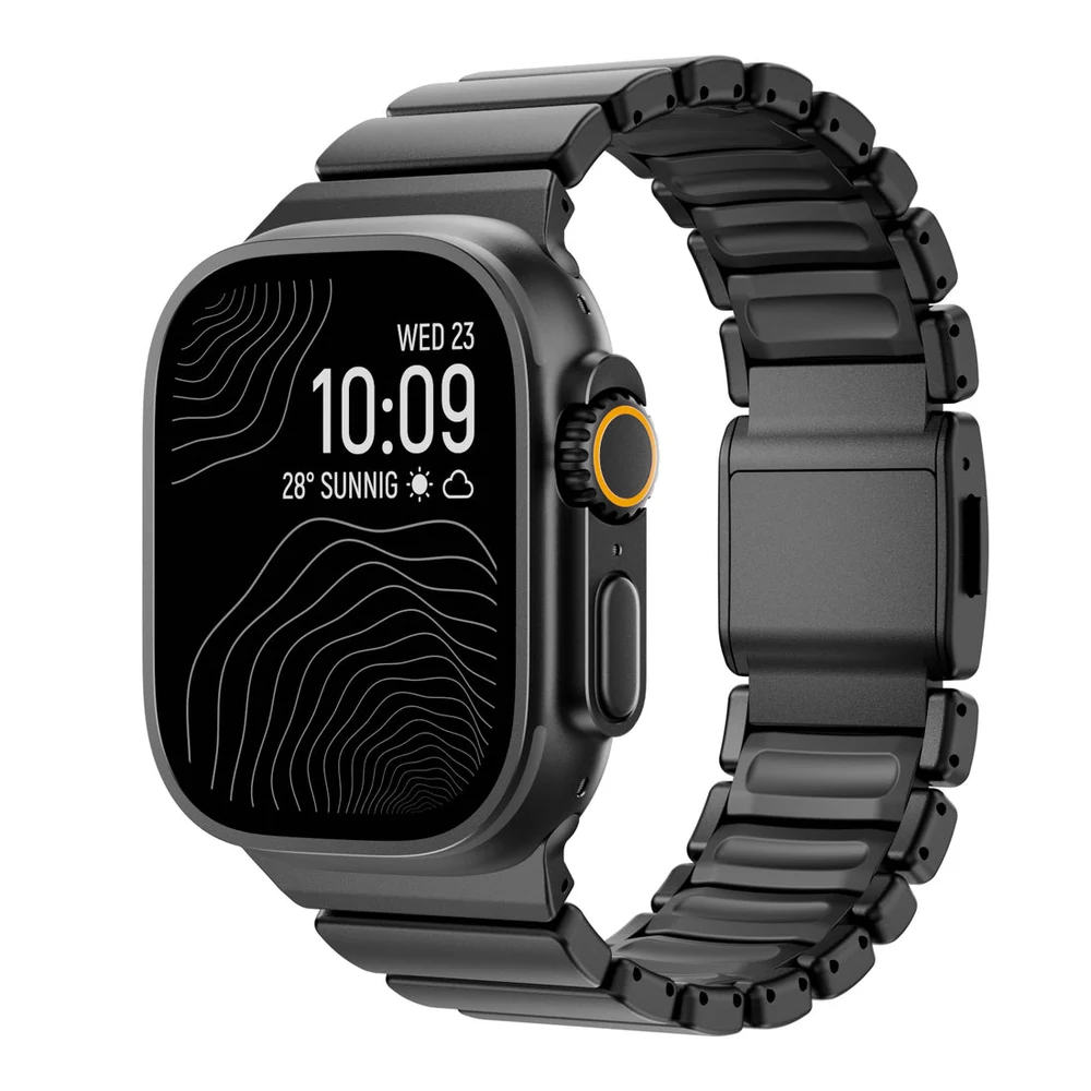 Official iModWatch image of the black titanium link and silicone hybrid band fitted to an Apple Watch Ultra.