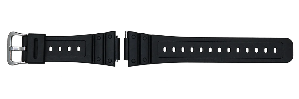 Official Japan Watch Parts photo of the black Casio replacement strap, isolated on transparency.
