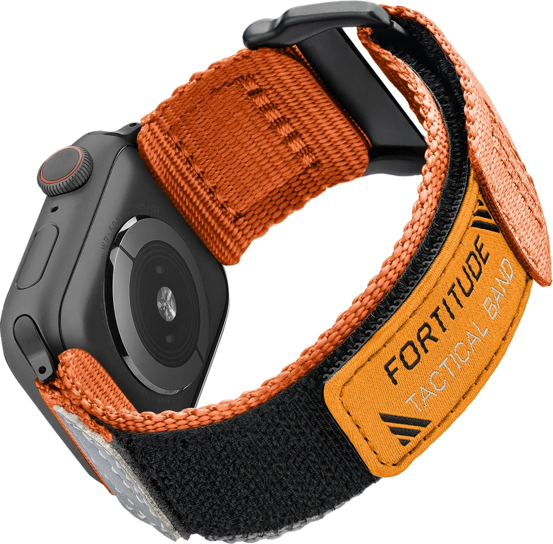 Official Ritche product photo of the orange rugged nylon Apple Watch band fitted to a watch, isolated on transparency; the watch is for context.