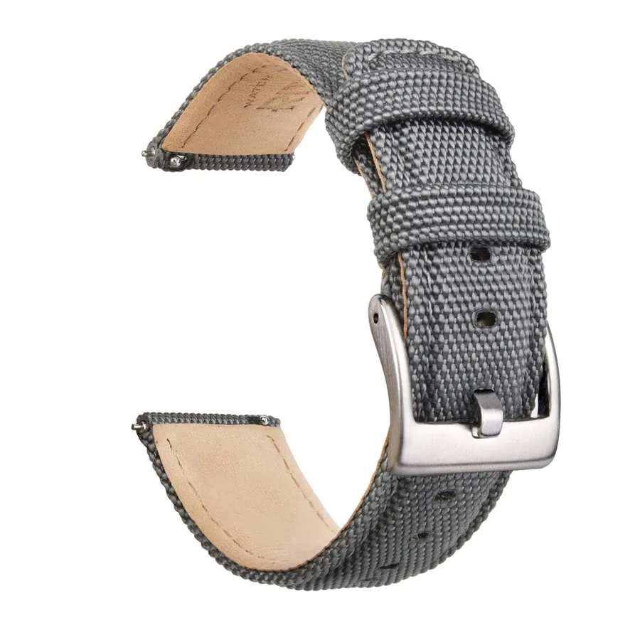Official Ritche photo of the smoke grey sailcloth quick-release watch strap with a brushed silver buckle.