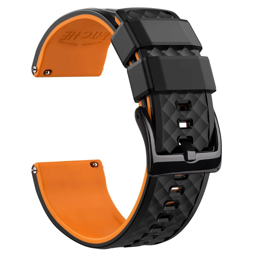 Official Ritche photo of the black and orange two-layer silicone quick-release watch strap with a black buckle.