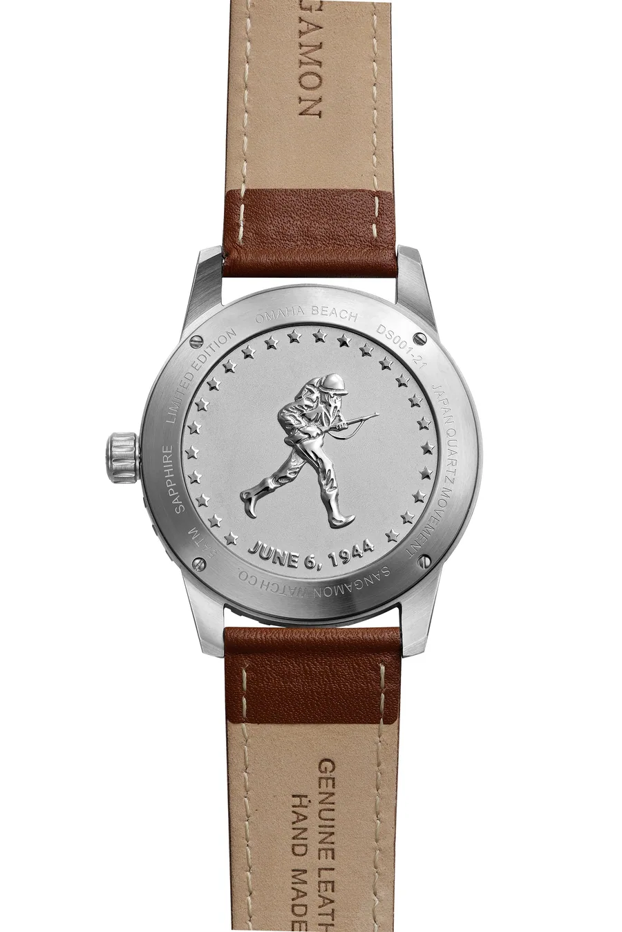 Official caseback photo showing the Omaha Beach engraving, soldier relief and June 6, 1944 date.