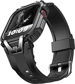 Official SUNFWR transparent product image of the black Eagle-Apex integrated Apple Watch case and band.