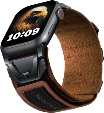 Official SUNFWR cutout of the brown Eagle-Valor leather Apple Watch band wrapped around a black smartwatch.