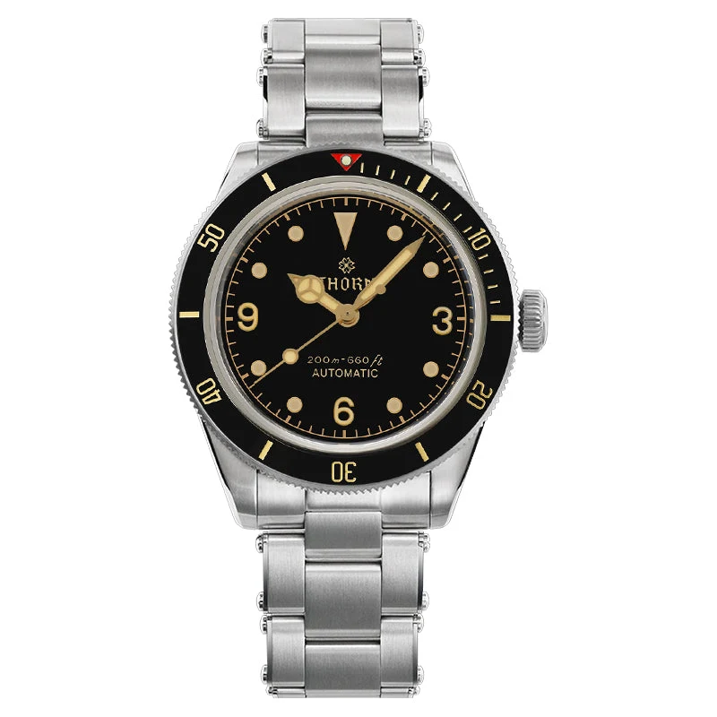 Thorn Watches SHY027 black-dial vintage diver on a stainless steel bracelet, photographed by the manufacturer.