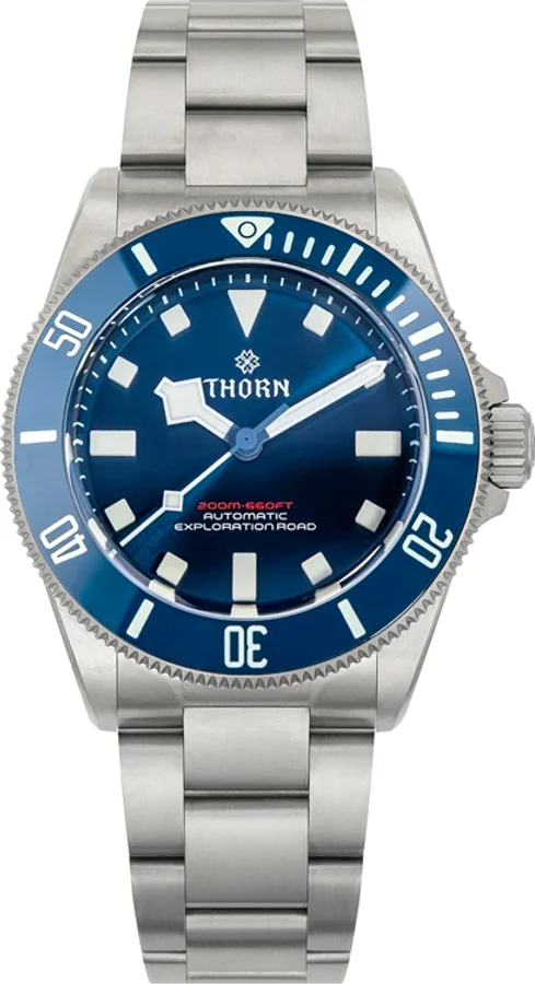 Official THORN image of the SHY036 titanium diver with a blue dial, blue ceramic bezel and titanium bracelet.