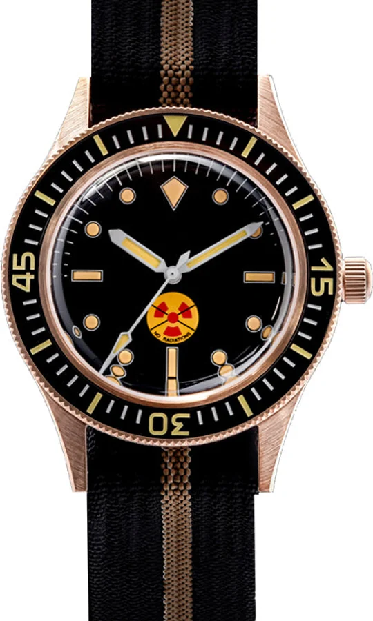 Official THORN image of the SHY038 bronze diver with a black dial and a black and tan striped NATO strap.