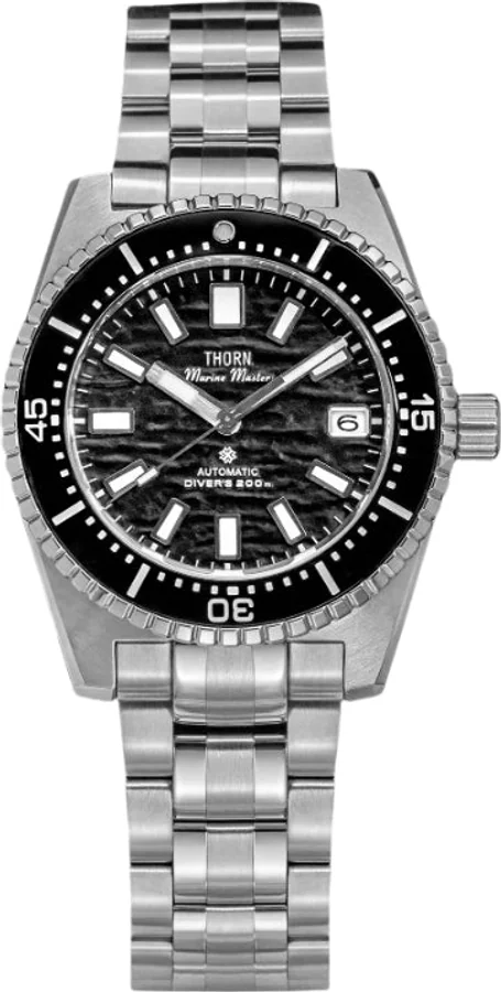 Official THORN image of the SHY042 black-dial 40 mm automatic diver on its steel bracelet.
