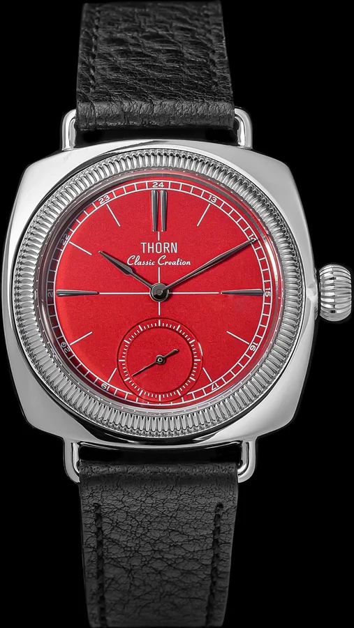 Official THORN image of the T017 cushion-case watch with a burgundy red dial and black leather strap.