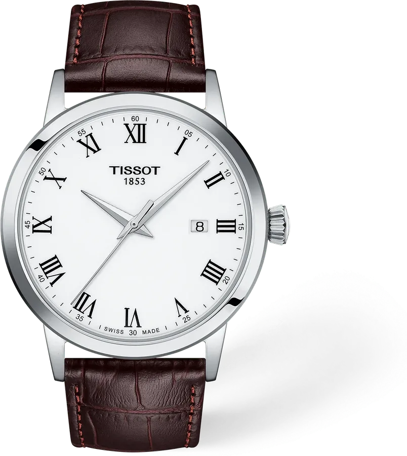 Official Tissot image of the Classic Dream 42 with a white dial, Roman numerals and brown leather strap.