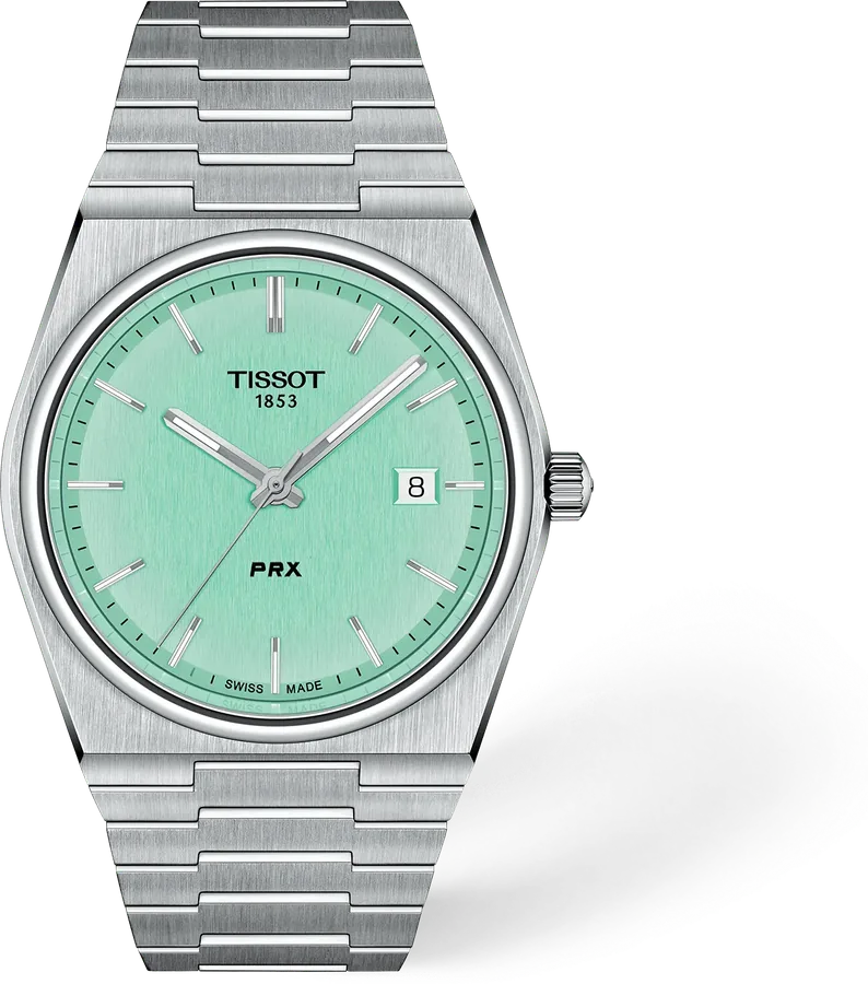 Official Tissot image of the PRX 40mm quartz with a light-green dial on its integrated steel bracelet.